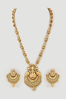 Gold Finish Beaded Long Temple Necklace Set