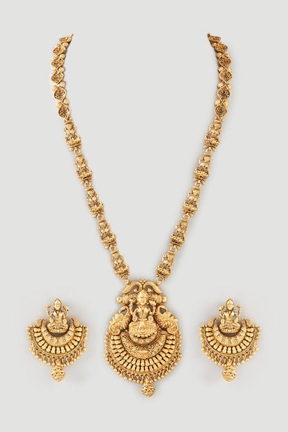 Gold Finish Beaded Long Temple Necklace Set