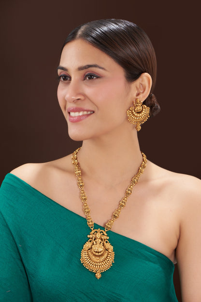 Gold Finish Beaded Long Temple Necklace Set