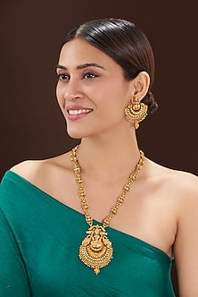 Gold Finish Beaded Long Temple Necklace Set