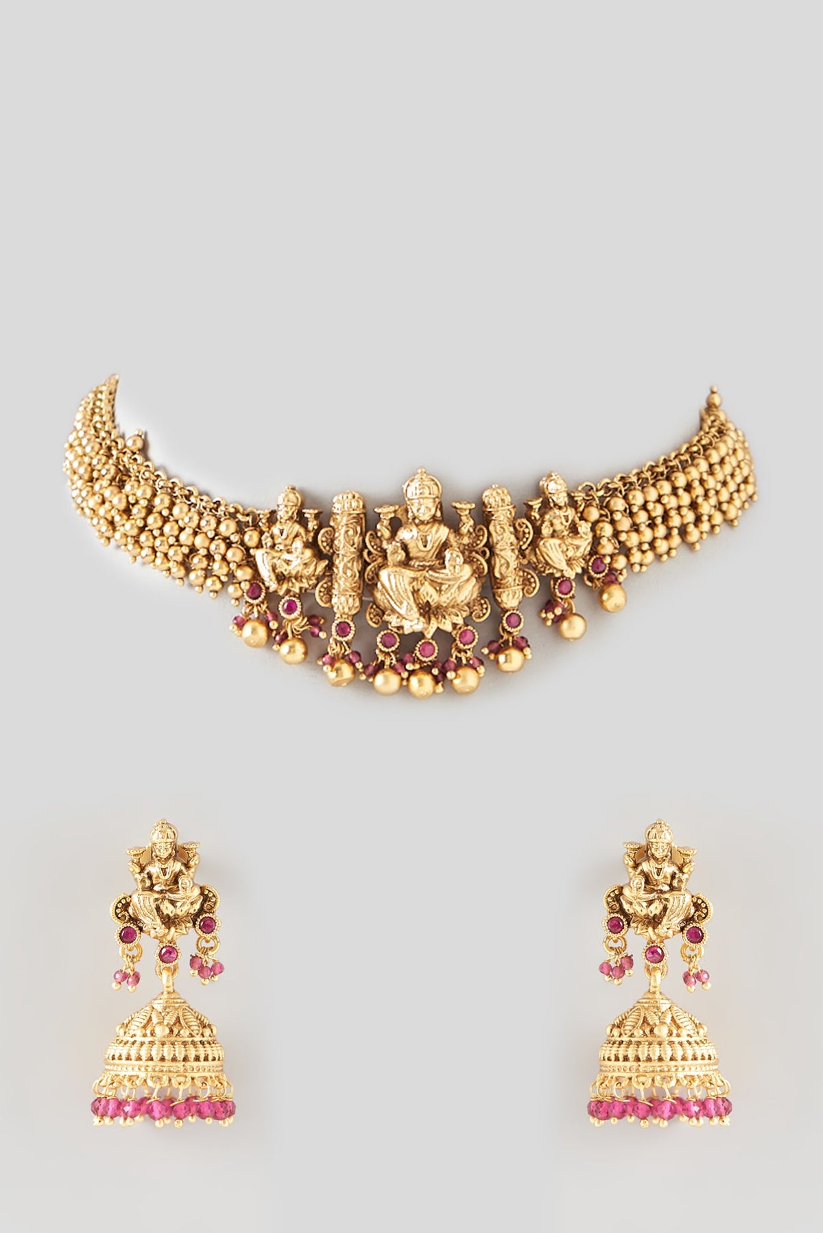 Gold Finish Bead Hanging Temple Choker Necklace Set