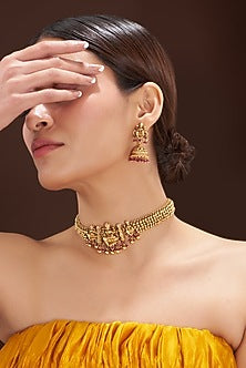 Gold Finish Bead Hanging Temple Choker Necklace Set