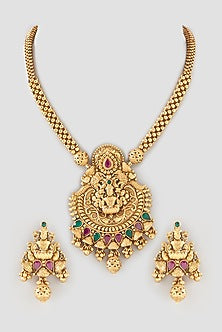 Gold Finish Beaded Long Temple Necklace Set