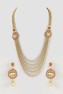 Gold Finish Beaded Long Temple Necklace Set