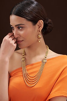 Gold Finish Beaded Long Temple Necklace Set