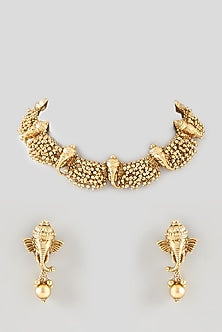 Gold Finish Beaded Temple Choker Necklace Set