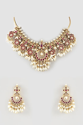 Gold Finish Kundan Polki & Multi-Colored Stone Choker Necklace Set