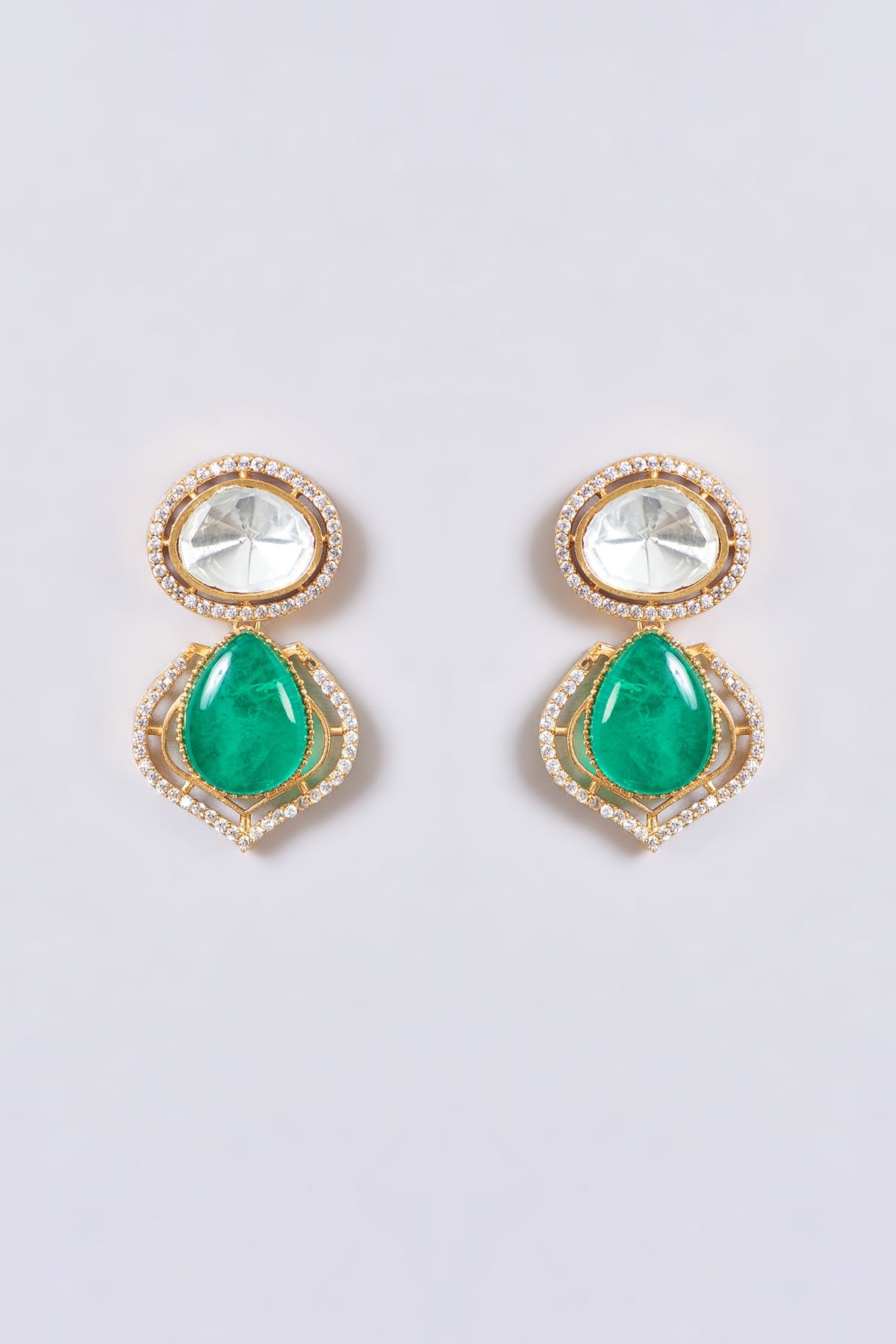 Gold Finish Kundan Polki & Green Stone Necklace Set
