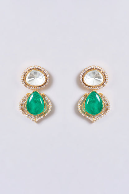 Gold Finish Kundan Polki & Green Stone Necklace Set