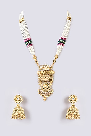 Gold Finish Kundan Polki & Gold Beaded Necklace Set