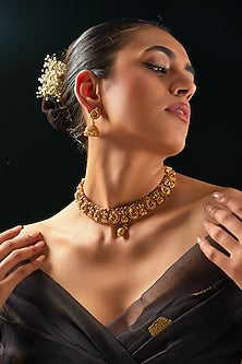Gold Finish Red & Green Stone Temple Choker Necklace Set