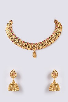 Gold Finish Red & Green Stone Temple Choker Necklace Set