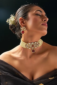 Gold Finish Kundan Polki & Red Carved Stone Choker Necklace Set