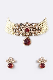 Gold Finish Kundan Polki & Red Carved Stone Choker Necklace Set