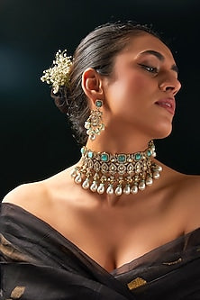 Gold Finish Kundan Polki & Aqua Stone Choker Necklace Set