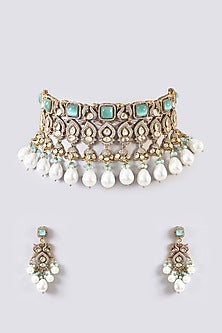 Gold Finish Kundan Polki & Aqua Stone Choker Necklace Set