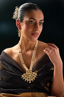 Gold Finish Kundan Polki & Pearl Long Necklace Set