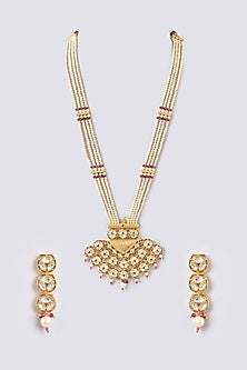 Gold Finish Kundan Polki & Pearl Long Necklace Set