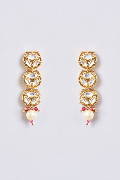 Gold Finish Kundan Polki & Pearl Long Necklace Set