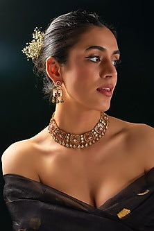 Gold Finish Kundan Polki & Stone Choker Necklace Set