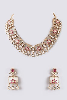 Gold Finish Kundan Polki & Stone Choker Necklace Set