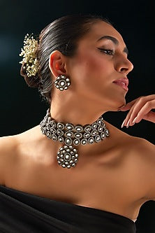 Black Rhodium Finish Kundan Polki & Zircon Choker Necklace Set