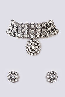 Black Rhodium Finish Kundan Polki & Zircon Choker Necklace Set