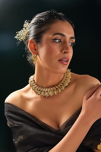 Gold Finish Red Stone Temple Choker Necklace Set