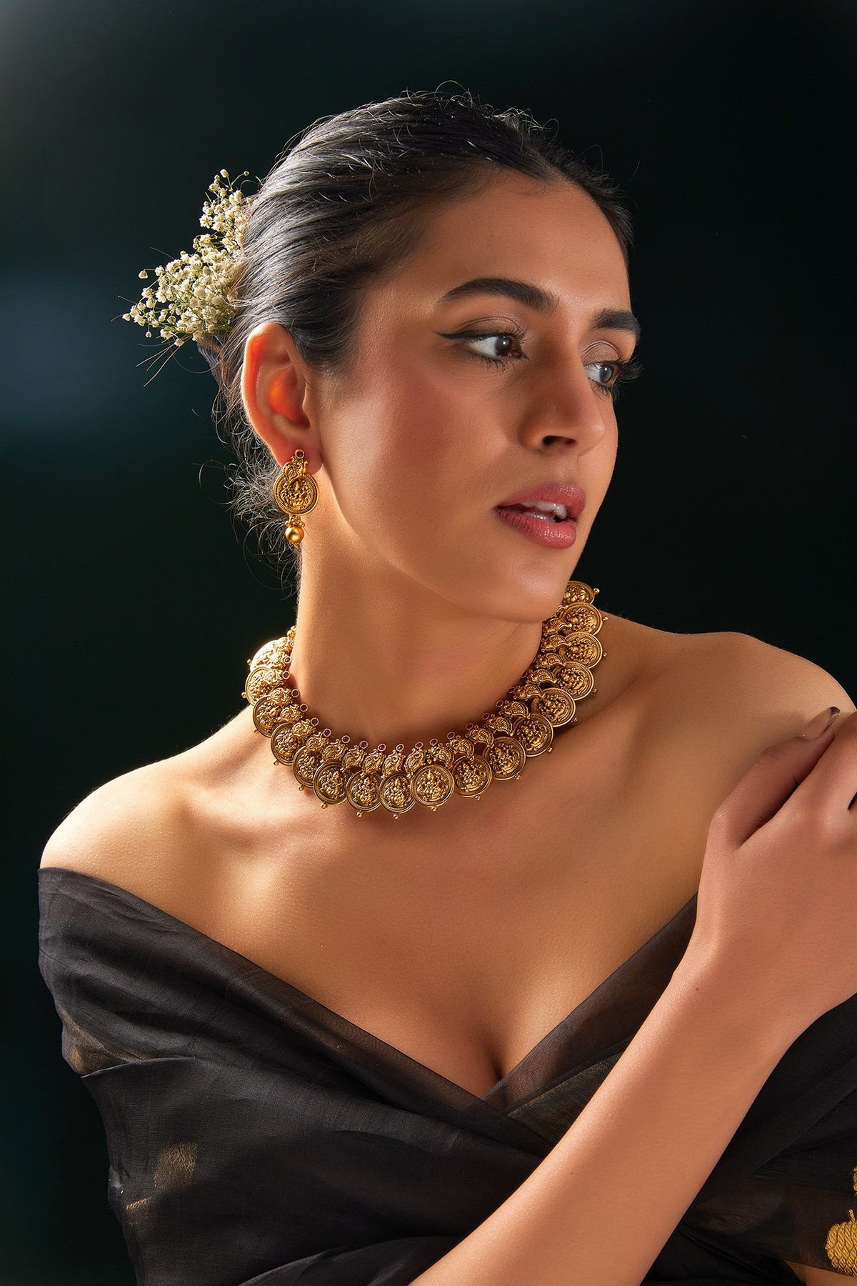 Gold Finish Red Stone Temple Choker Necklace Set