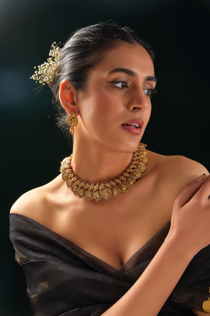 Gold Finish Red Stone Temple Choker Necklace Set