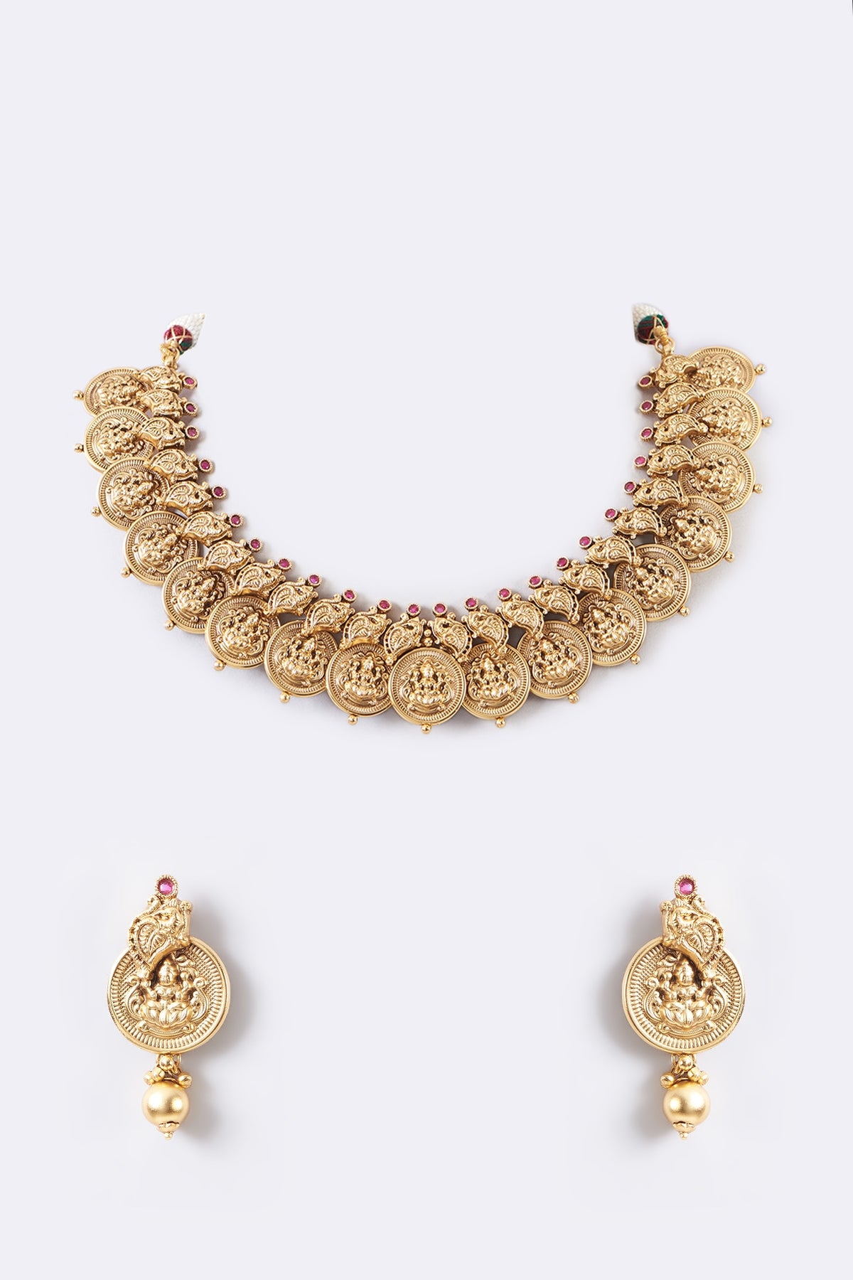 Gold Finish Red Stone Temple Choker Necklace Set