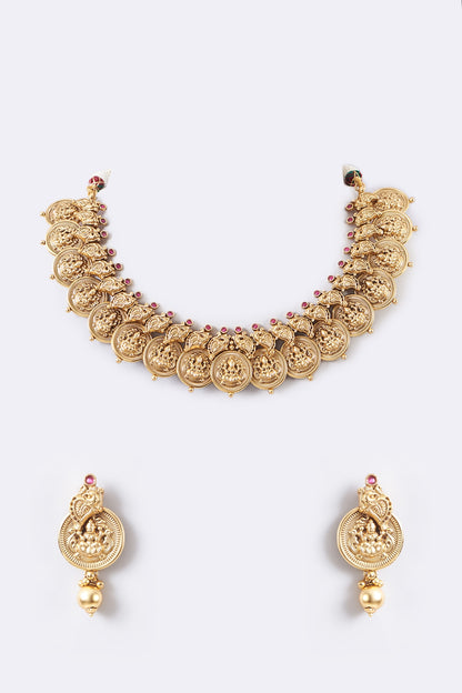 Gold Finish Red Stone Temple Choker Necklace Set