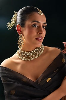 Gold Finish Kundan Polki & Zircon Choker Necklace Set