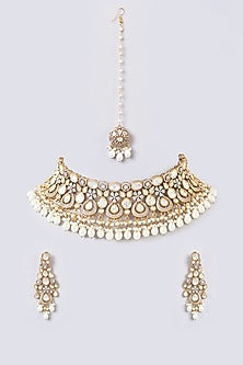 Gold Finish Kundan Polki & Zircon Choker Necklace Set