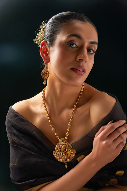 Gold Finish Kundan Polki & Multi-Colored Stone Temple Necklace Set