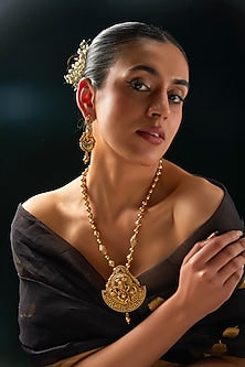 Gold Finish Kundan Polki & Multi-Colored Stone Temple Necklace Set