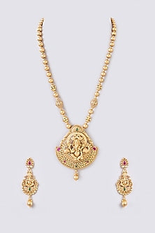 Gold Finish Kundan Polki & Multi-Colored Stone Temple Necklace Set