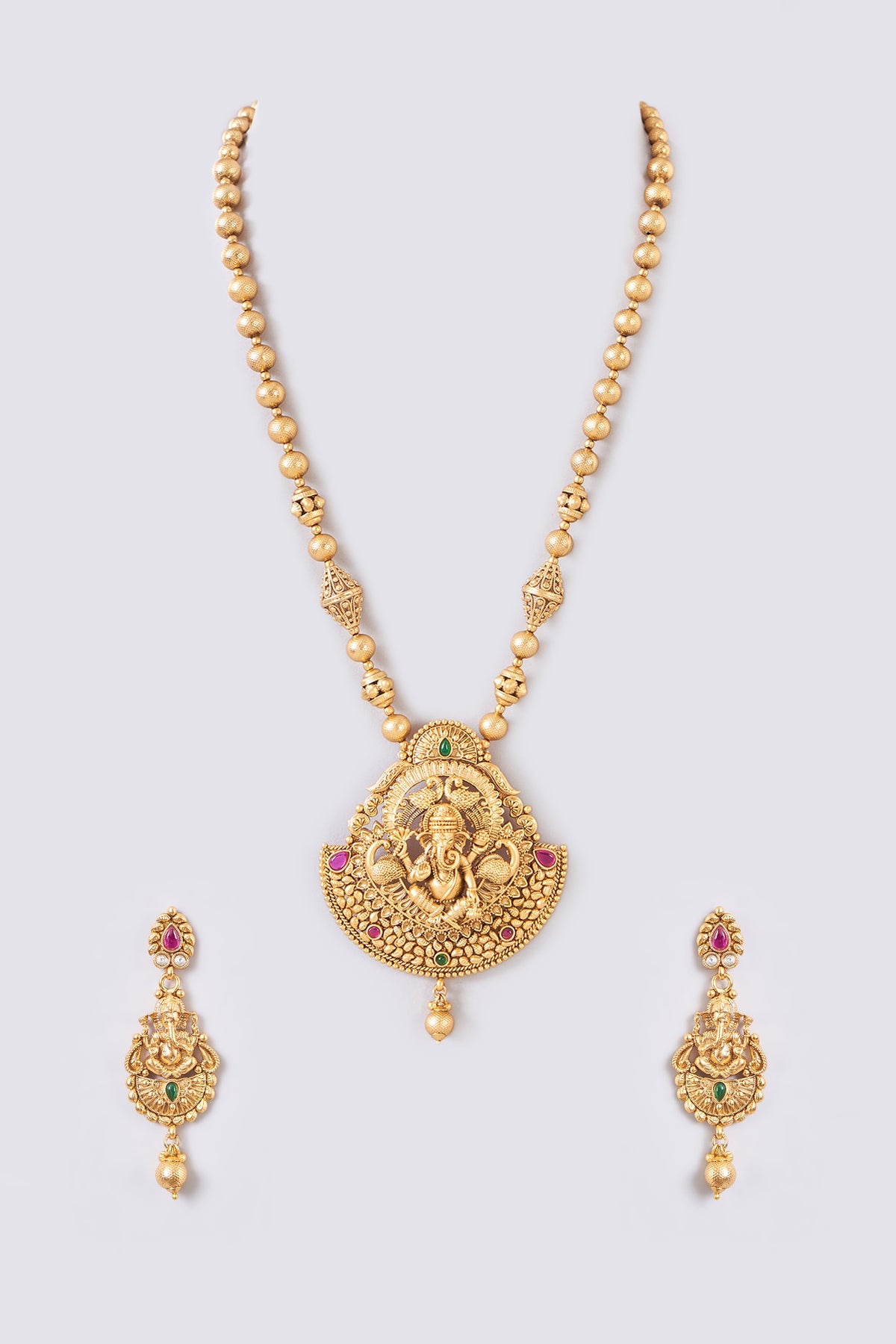 Gold Finish Kundan Polki & Multi-Colored Stone Temple Necklace Set