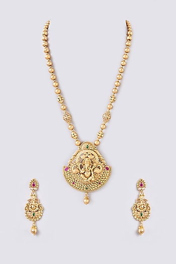 Gold Finish Kundan Polki & Multi-Colored Stone Temple Necklace Set