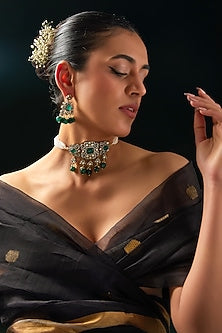 Gold Finish Kundan Polki & Zircon Choker Necklace Set