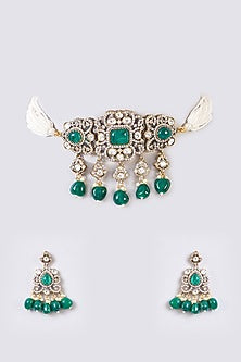 Gold Finish Kundan Polki & Zircon Choker Necklace Set