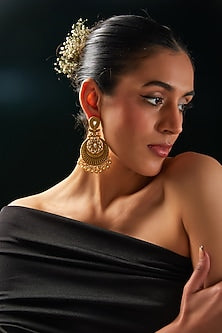 Gold Finish Kundan Polki & Pearl Chandbaali Earrings