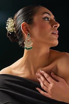 Gold Finish Green Stone & Pearl Chandbaali Earrings