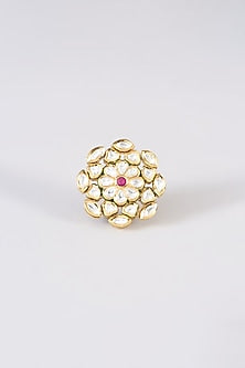 Gold Finish Kundan Polki & Red Stone Ring
