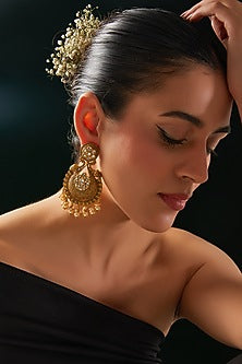 Gold Finish Kundan Polki & White Stone Dangler Earrings