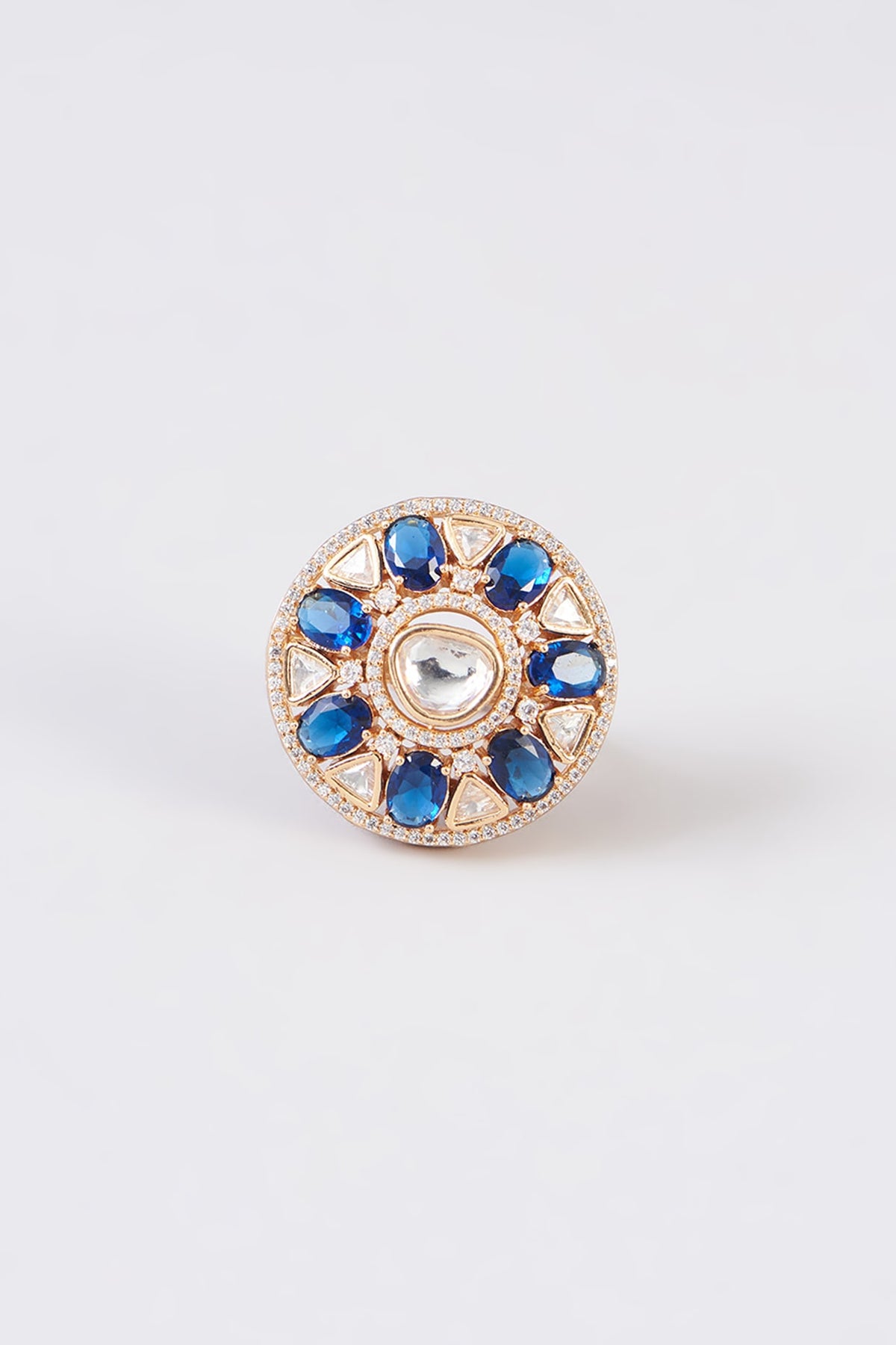 Gold Finish Kundan Polki & Blue Stone Ring