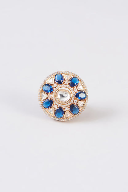 Gold Finish Kundan Polki & Blue Stone Ring