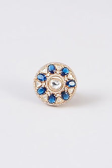 Gold Finish Kundan Polki & Blue Stone Ring