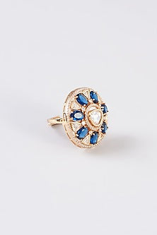 Gold Finish Kundan Polki & Blue Stone Ring