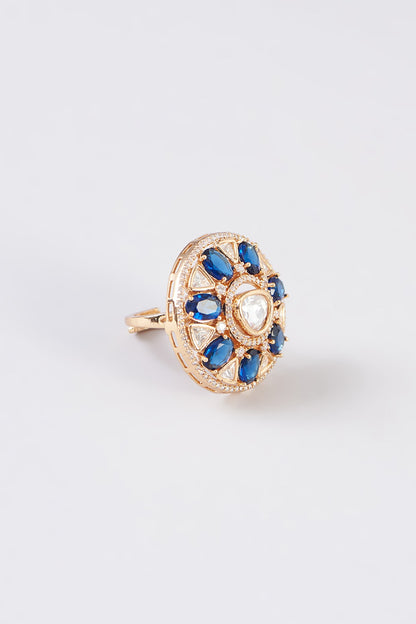 Gold Finish Kundan Polki & Blue Stone Ring